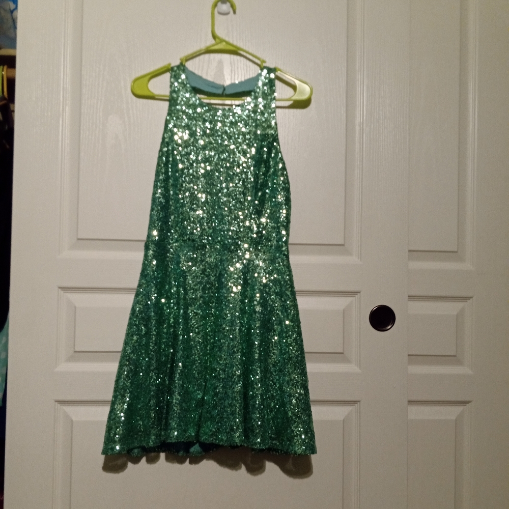 Green sequined flare dress